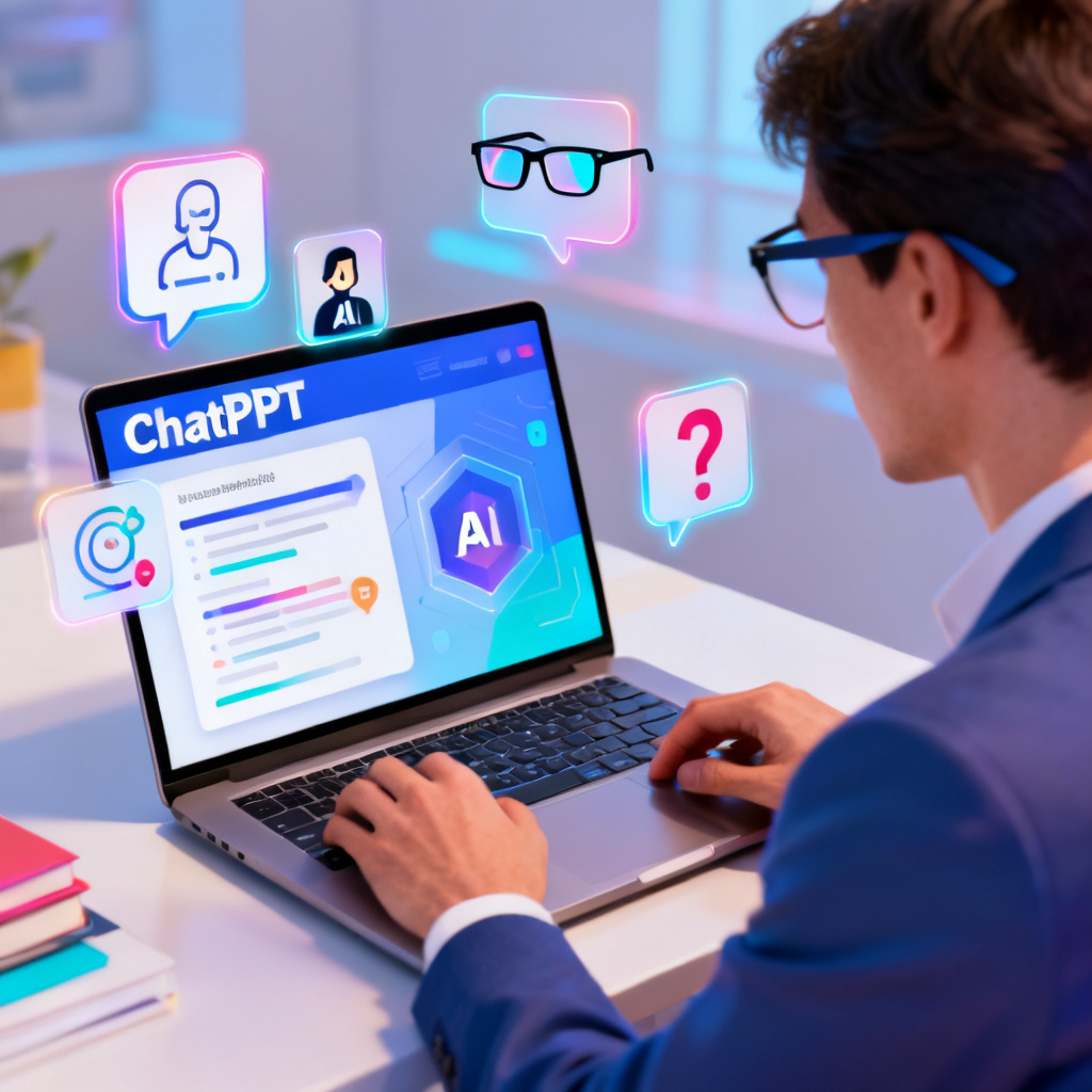A montage of a person using ChatPPT on a laptop, with floating icons representing AI speech, AI avatar, smart glasses, and question-answering, vibrant colors, professional