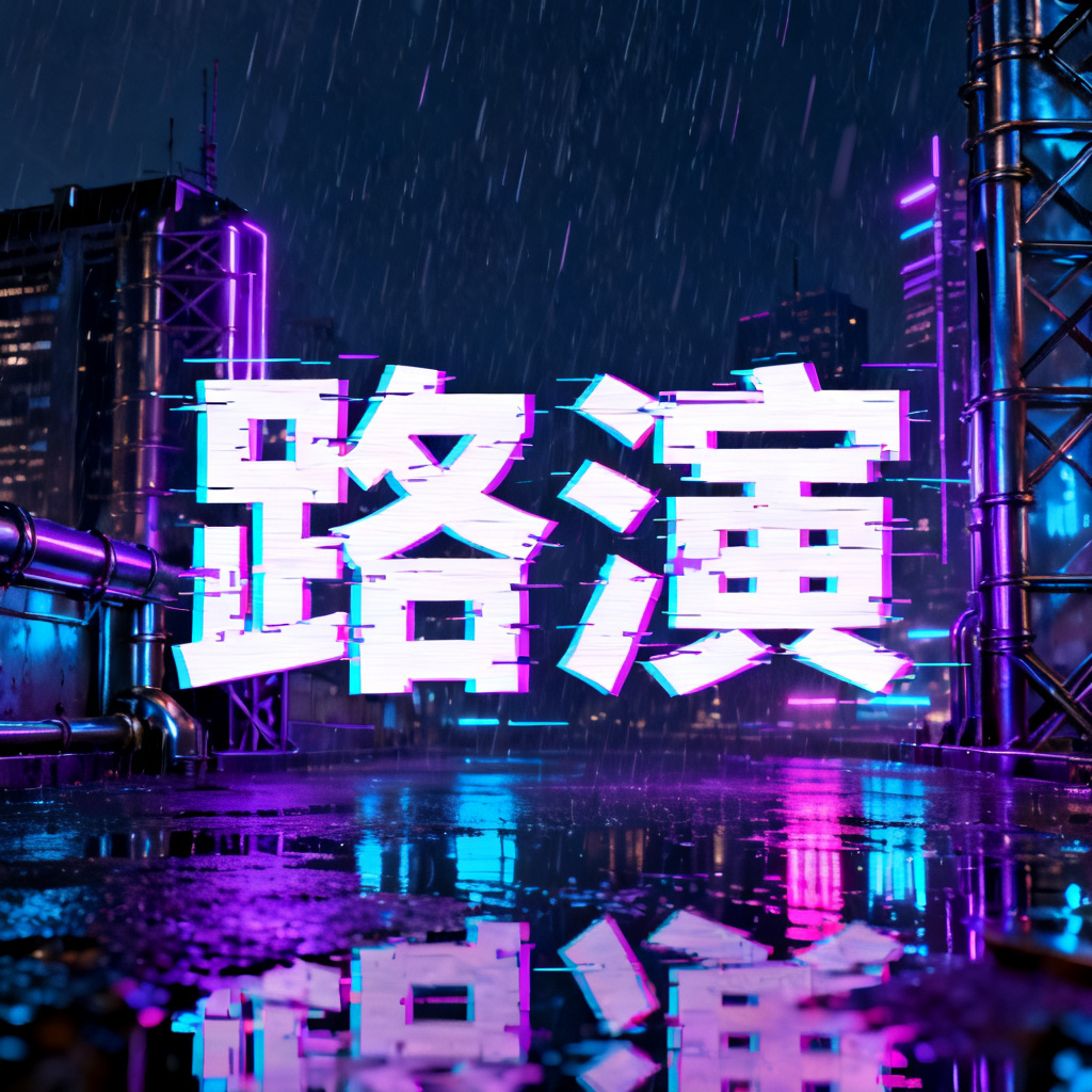 一张赛博朋克风格的城市夜景路演PPT封面，霓虹紫与电光蓝为主色调，有金属质感的建筑轮廓，标题采用故障艺术字体，背景有雨水中的霓虹倒影