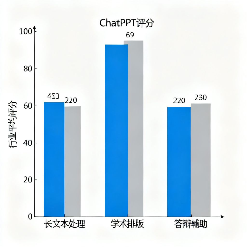 一张数据图表,显示ChatPPT在长文本处理、学术排版、答辩辅助三个维度的评分均高于行业平均