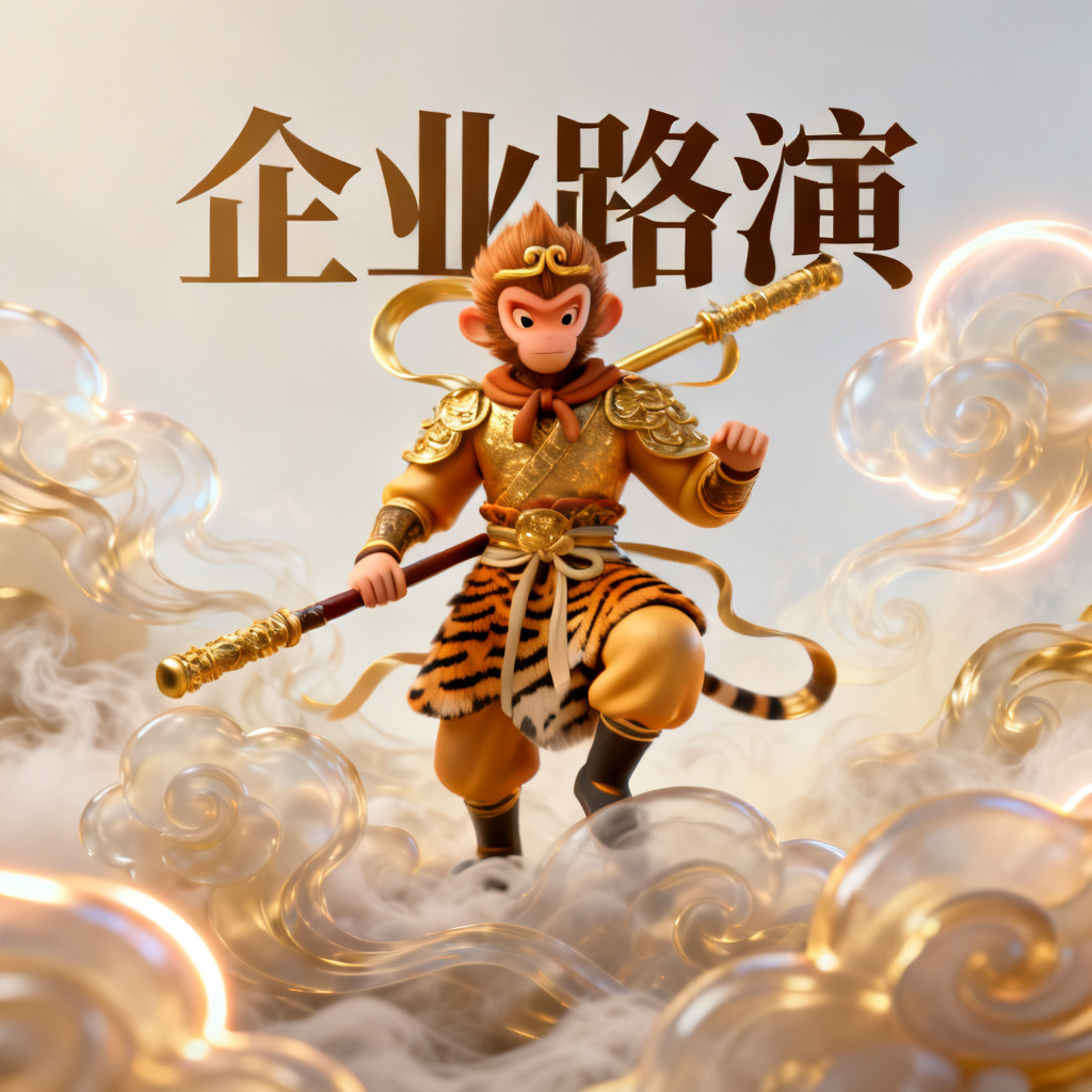 3D西游记风格的企业路演PPT，包含孙悟空形象和云雾特效，高分辨率
