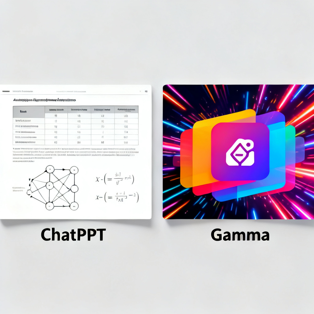 A side-by-side comparison of two PPT slides. The left slide, generated by ChatPPT, shows a clean, academic-style slide with a data comparison table, a flowchart, and a mathematical formula, all neatly aligned. The right slide, generated by another tool (like Gamma), shows a flashy, business-style slide with vibrant colors, overlapping elements, and a generic icon, which looks inappropriate for academic defense. The contrast highlights the difference in professionalism and rigor.