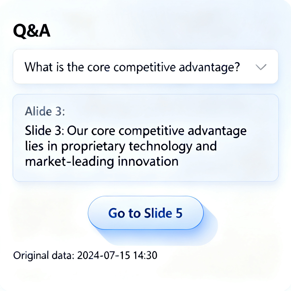 A screenshot of a Q&A interface where a user asks 'What is the core competitive advantage?' and the AI response highlights the relevant slide number and content, with a 'Go to Slide 5' button and a timestamp of the original data.