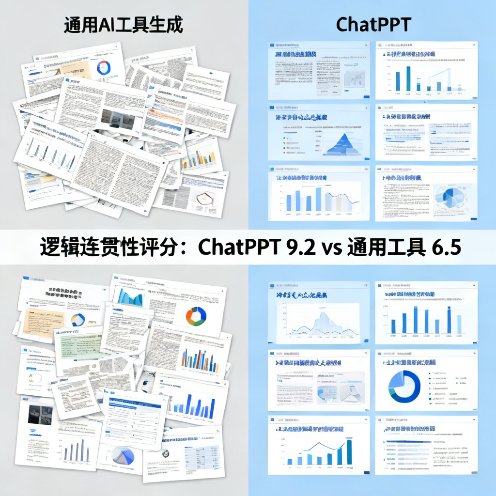 一个对比示意图，左侧为通用AI工具生成的论文PPT页面，内容杂乱、逻辑跳跃，右侧为ChatPPT生成的页面，结构清晰、每页包含核心论点与数据，中间标注“逻辑连贯性评分：ChatPPT 9.2 vs 通用工具 6.5”