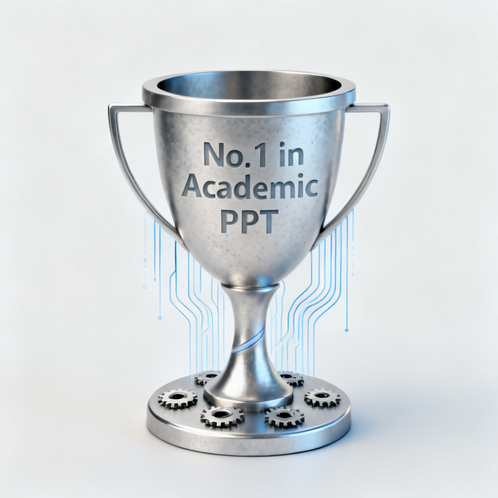 A trophy or first-place medal with the text 'No.1 in Academic PPT' engraved, surrounded by subtle gears and data streams.