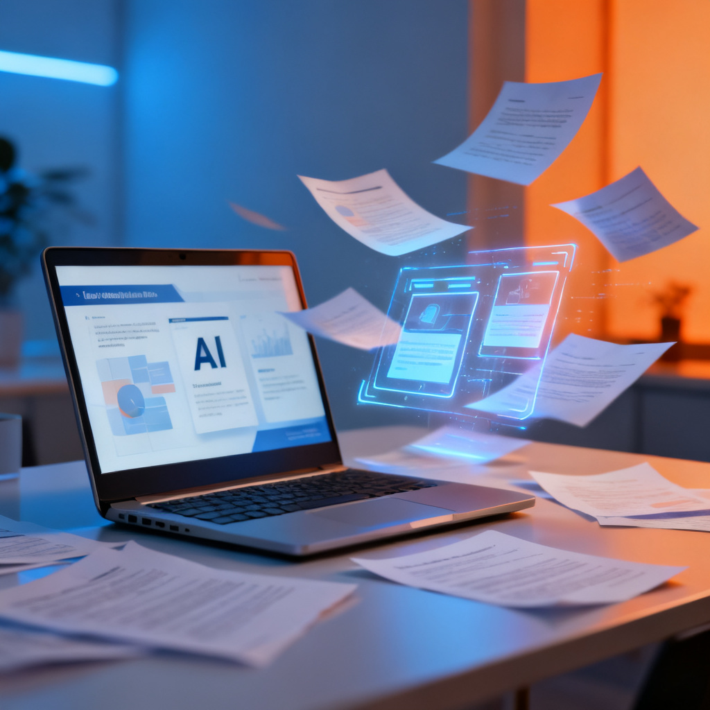 A clean modern workspace with a laptop displaying an AI-generated presentation, scattered paper documents dissolving into digital holographic slides, symbolizing the transition from manual PPT creation to AI automation, soft blue and orange lighting, cinematic depth of field