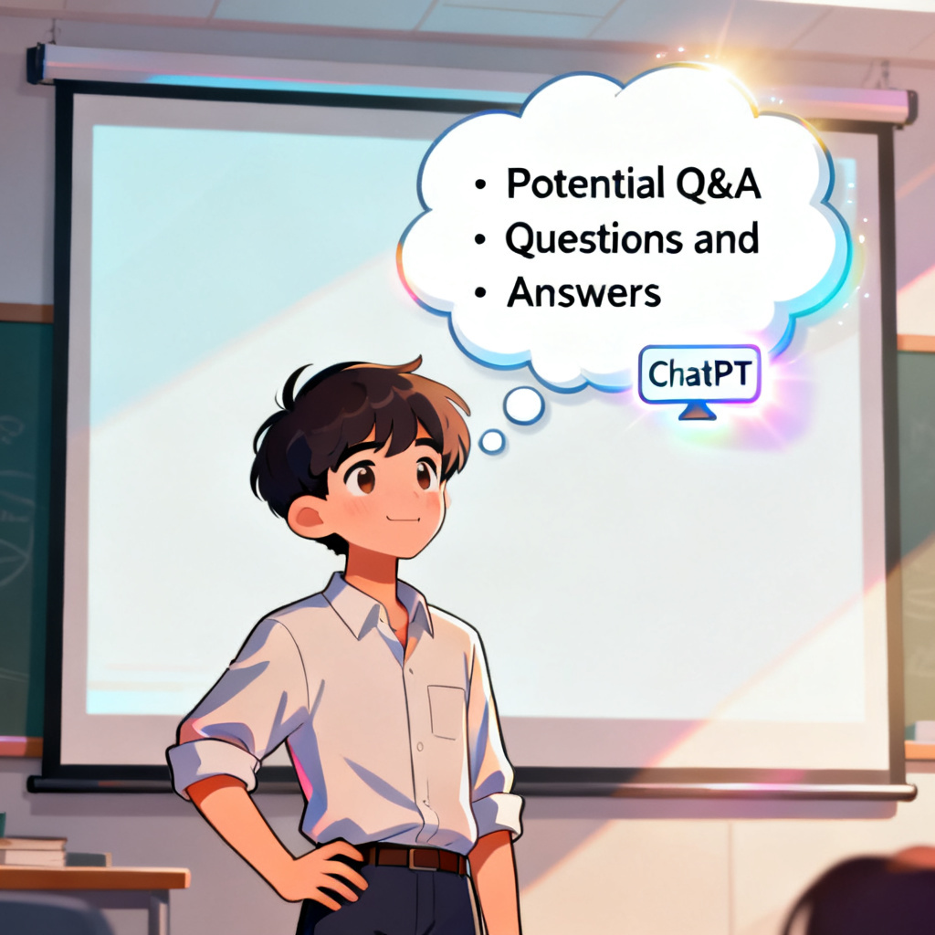 A student confidently presenting in front of a projection screen, with a thought bubble showing a list of potential Q&A questions and answers, and a 'ChatPPT' icon floating nearby.
