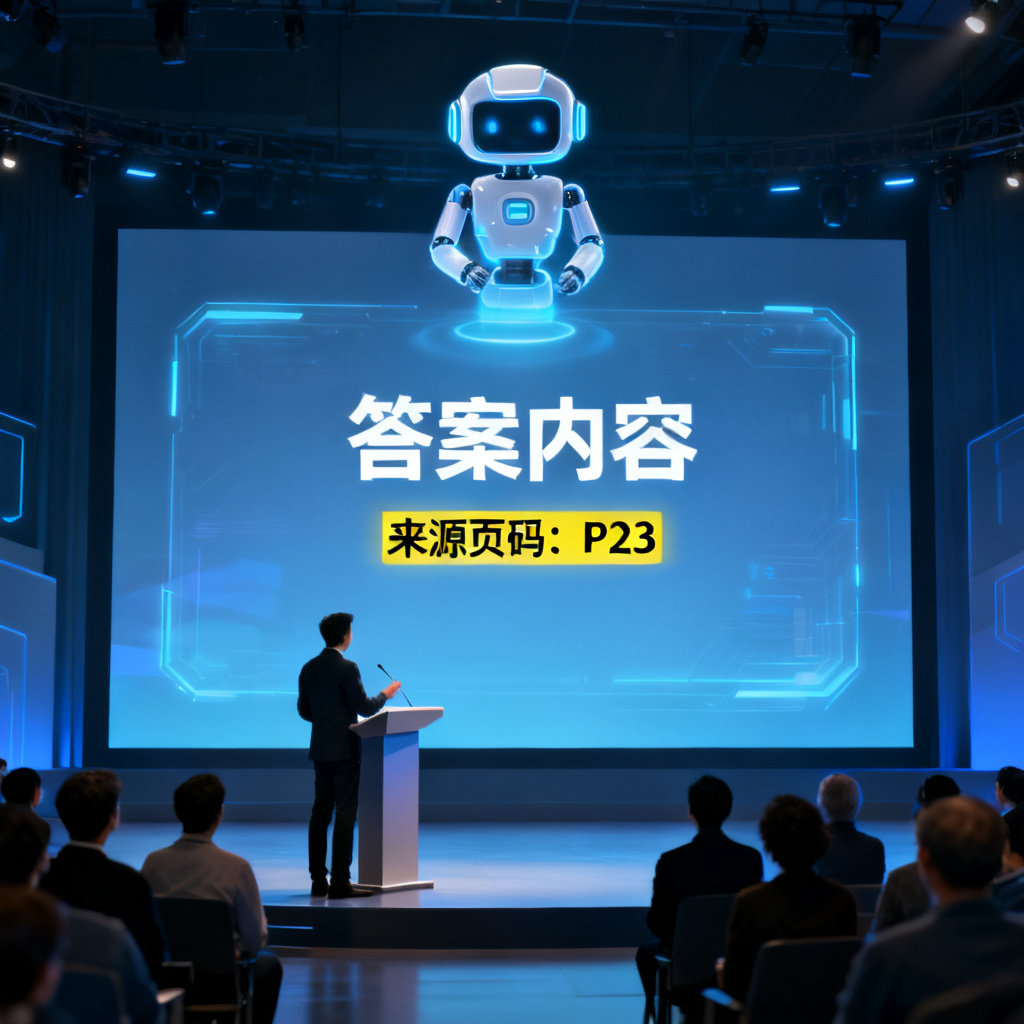 一个路演场景中，观众向虚拟AI助手提问，屏幕上显示答案并高亮标注来源页码，氛围科技感十足