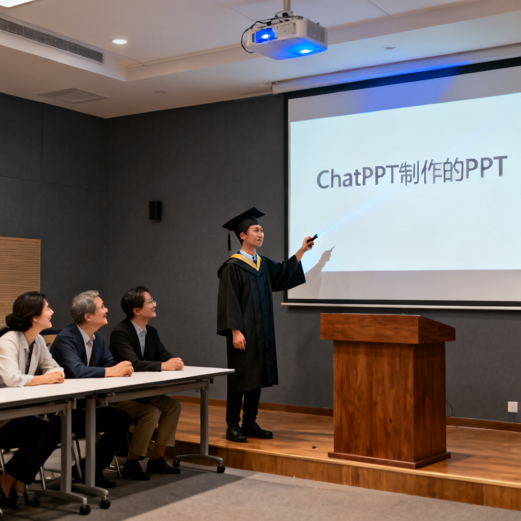 一个毕业生在答辩现场自信演讲,屏幕上显示ChatPPT制作的PPT,评委点头赞许,背景是学术报告厅
