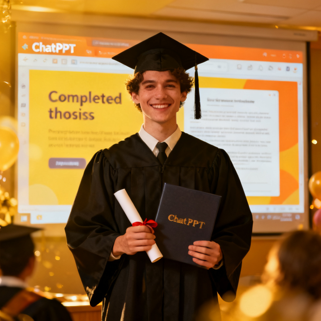 A graduate student holding a diploma, smiling, with ChatPPT interface in the background showing a completed thesis presentation. Style: celebratory, warm lighting.