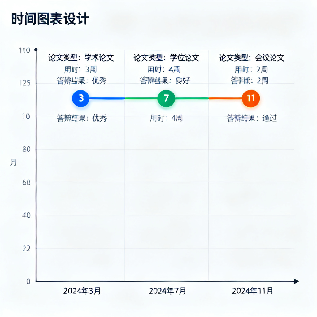 时间轴图表，展示一年内使用ChatPPT完成三篇论文PPT的节点，分别标注论文类型、用时和答辩结果，数据点用不同颜色区分
