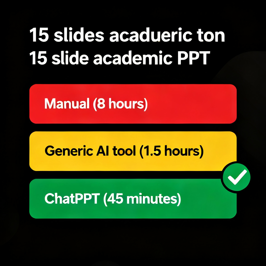 An infographic comparing the time required to create a 15-slide academic PPT: Manual (8 hours, red bar), Generic AI tool (1.5 hours, yellow bar), ChatPPT (45 minutes, green bar). The bars are color-coded and labeled clearly. A checkmark icon appears next to the ChatPPT bar.