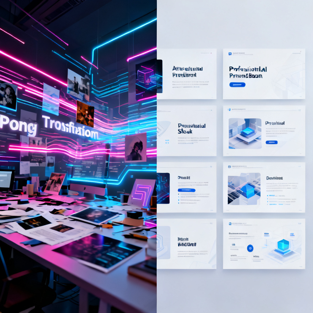 A split-screen digital artwork comparing a chaotic, cluttered presentation workspace full of mismatched fonts and images on the left, contrasted with a clean, professionally designed AI-generated slide deck on the right, with glowing data streams connecting ideas, representing AI-driven transformation, modern corporate tech aesthetic