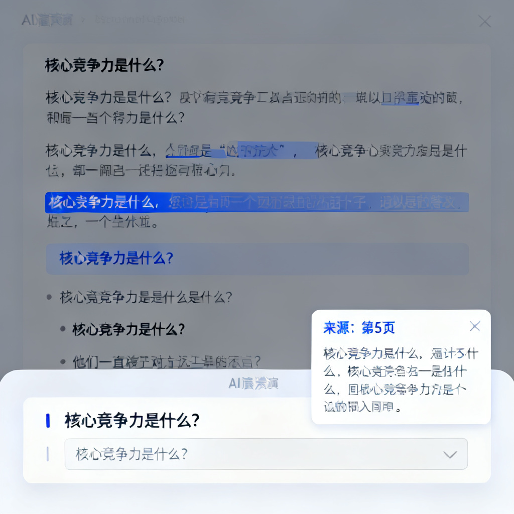 一个AI路演页面的截图,页面底部有一个提问输入框,用户正在输入“核心竞争力是什么?”的问题,右侧弹出答案框,答案中标注了来源页面的页码,并有蓝色高亮标记。