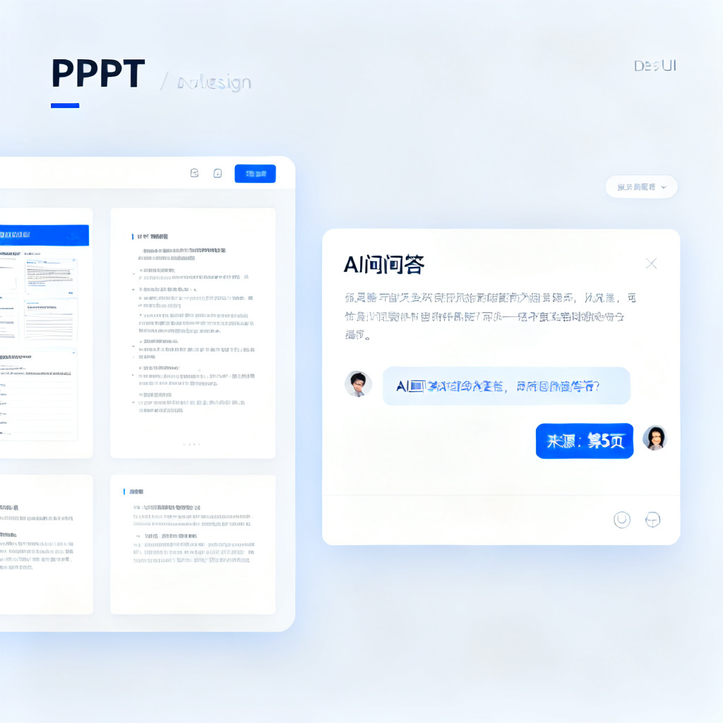 一个交互界面,左侧显示PPT页面,右侧显示AI问答对话框,AI回答中标注了“来源:第5页”,界面简洁、信息层次清晰