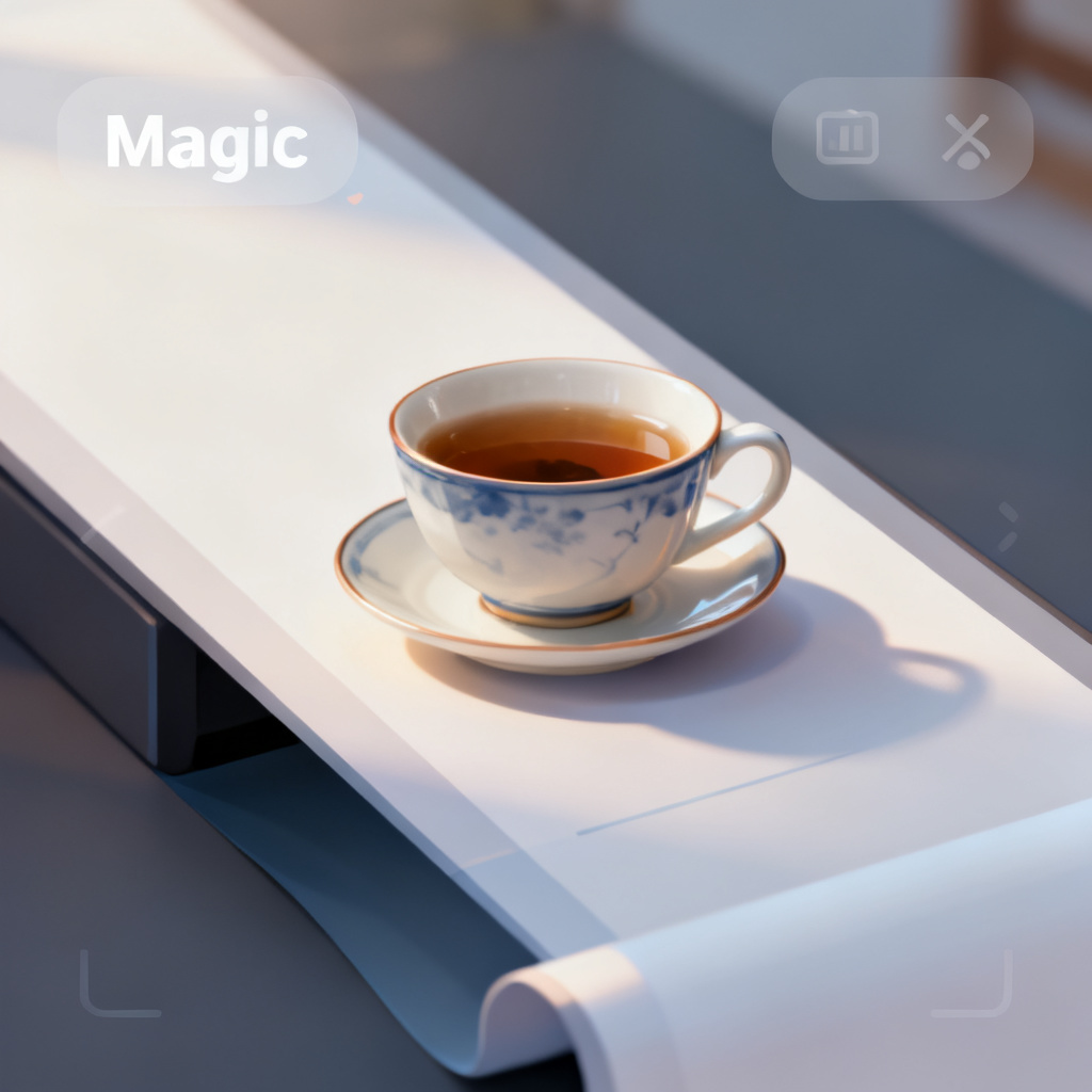 A close-up of the Magic涂画 interface, showing a coffee cup being replaced with a tea cup on a slide, with perfect lighting integration