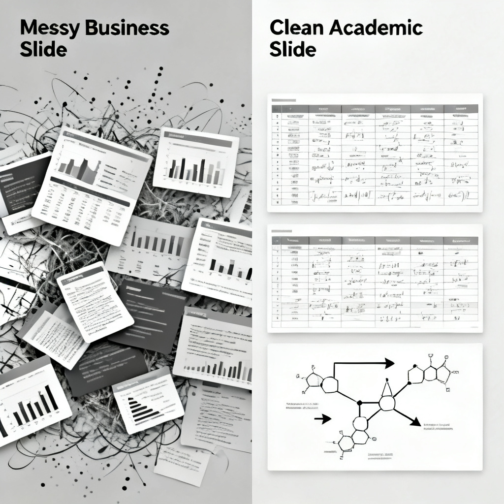 A comparison of slide layouts: left side shows a messy, business-style slide with scattered data, right side shows a clean, academic-grade slide with perfectly aligned tables, formulas, and a scientific flow chart.