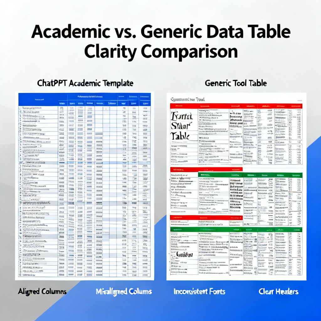 A side-by-side comparison of a complex data table rendered in ChatPPT's academic template vs a messy table in a generic tool, emphasizing clarity and professionalism