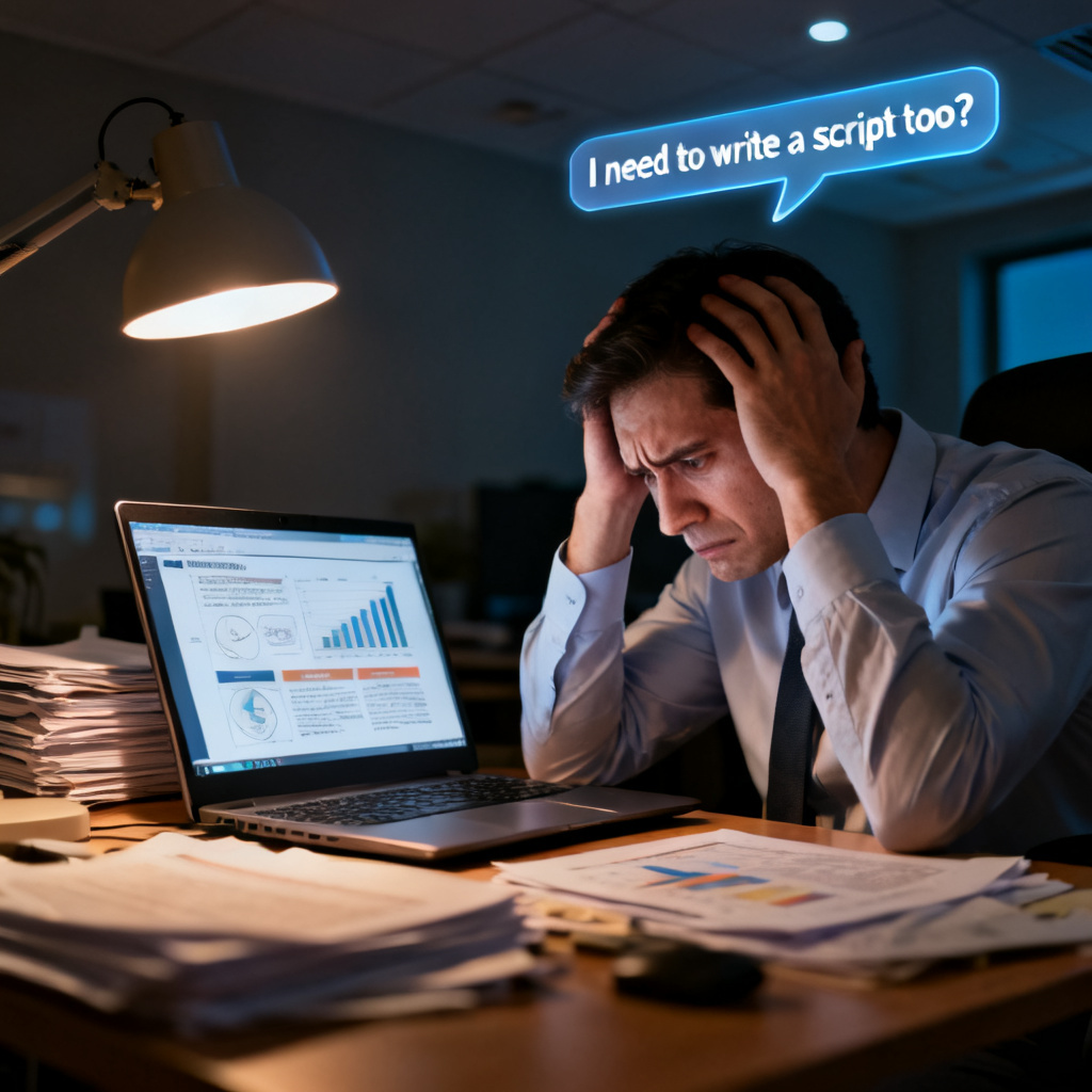 A professional looking frustrated while editing a complex PowerPoint slide late at night, with AI-generated speech bubbles showing 'I need to write a script too?' in the background