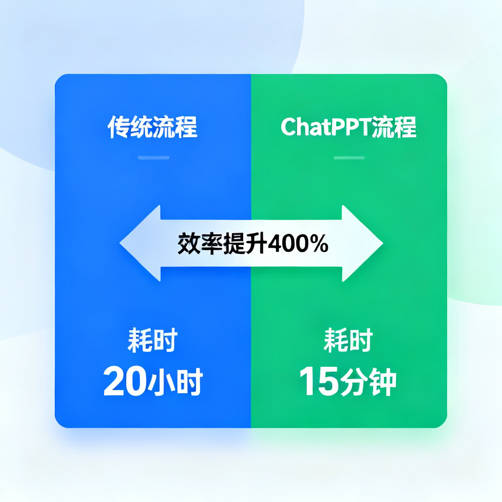 一个时间对比图表，左侧显示传统流程耗时20小时，右侧显示ChatPPT流程耗时15分钟，中间标注“效率提升400%”