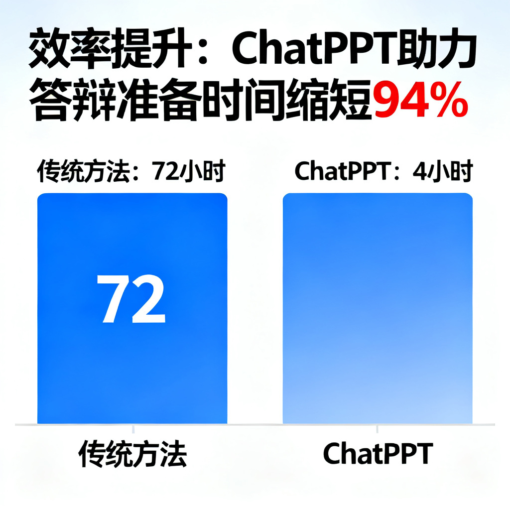 一张柱状图,对比使用ChatPPT前后的论文PPT制作时间(如‘传统方法:72小时’ vs ‘ChatPPT:4小时’),标题为‘效率提升:ChatPPT助力答辩准备时间缩短94%’