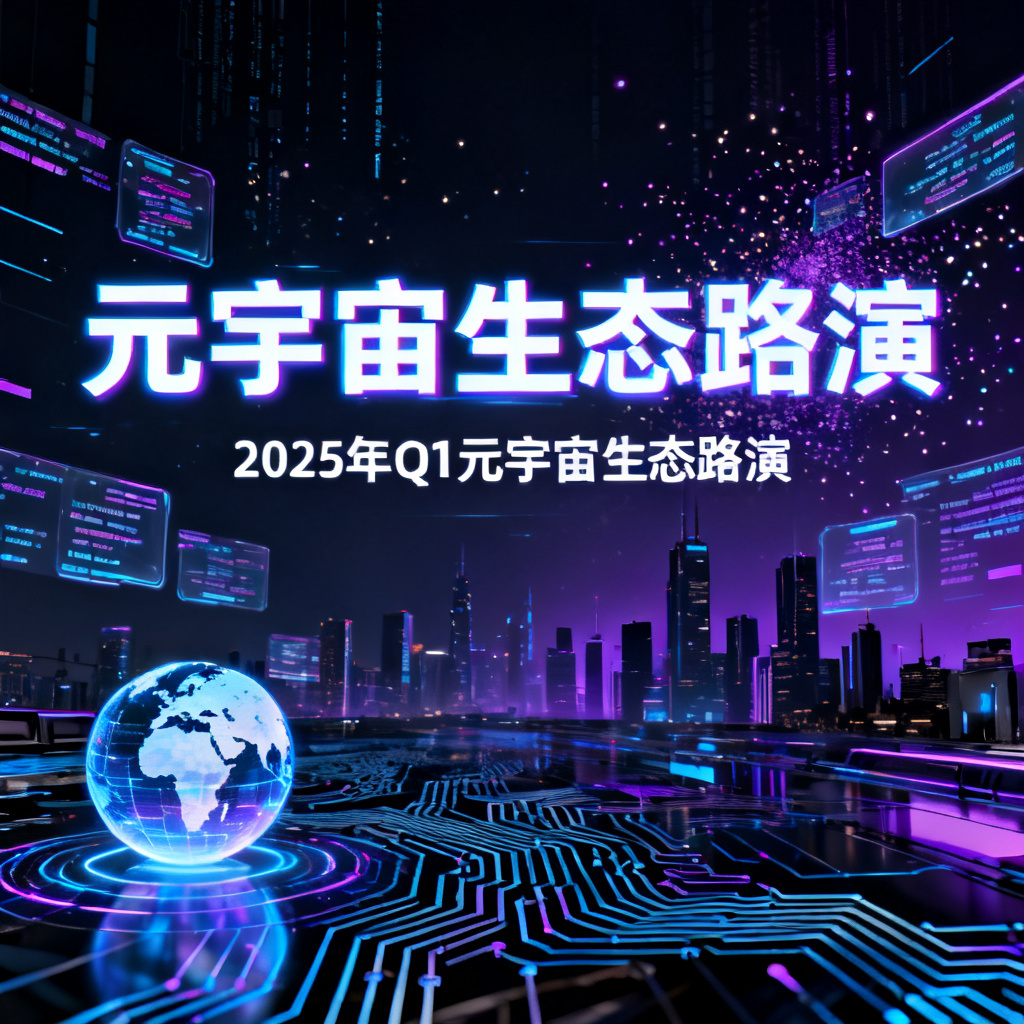 赛博朋克风格的元宇宙路演PPT页面,主色调为霓虹蓝紫与暗黑金属,背景为未来城市天际线,漂浮的全息数据流与电路纹理交织,标题使用科技感发光字体,副标题为“2025年Q1元宇宙生态路演”,页面左下角有一个3D全息地球图标,整体视觉呈现高对比度、粒子特效与数字故障艺术风格