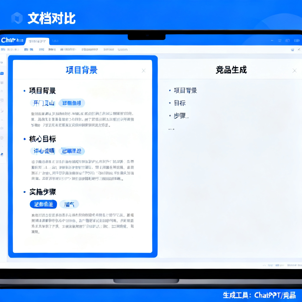 一幅对比图,左侧是ChatPPT生成的演讲稿,包含分段标题、语气标签(如“开门见山”)和完整段落;右侧是竞品生成的零散要点,仅有三四个短句。背景为电脑屏幕界面。