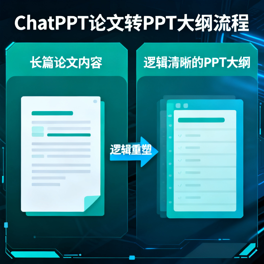 一张信息图,展示ChatPPT如何将长篇论文(左侧)自动提炼为逻辑清晰的PPT大纲(右侧),中间用箭头连接,标注“逻辑重塑”