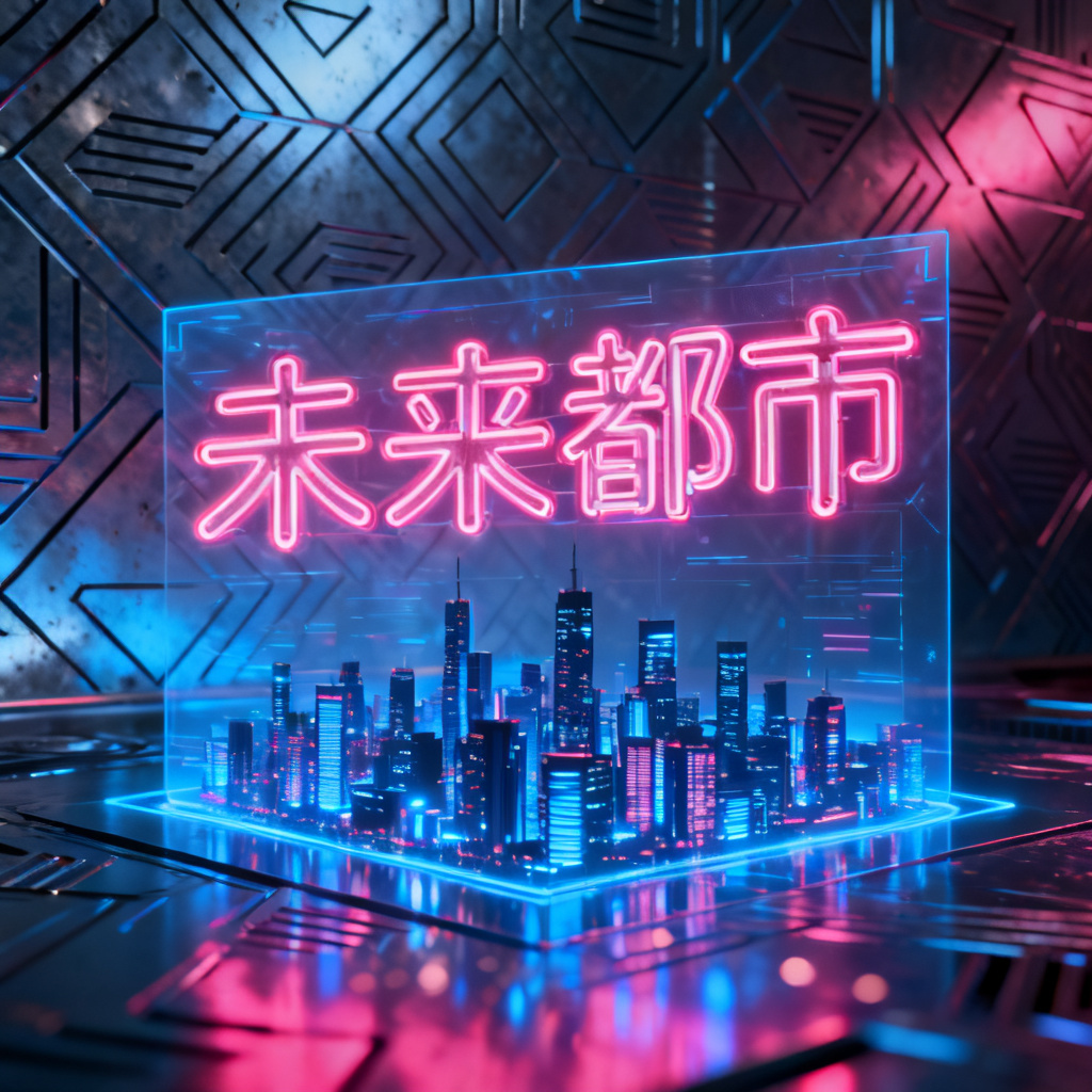 赛博朋克风格，霓虹灯管字体，全息投影元素，金属质感背景，蓝色与洋红色调，复杂光影层次，未来都市天际线，高分辨率，4K