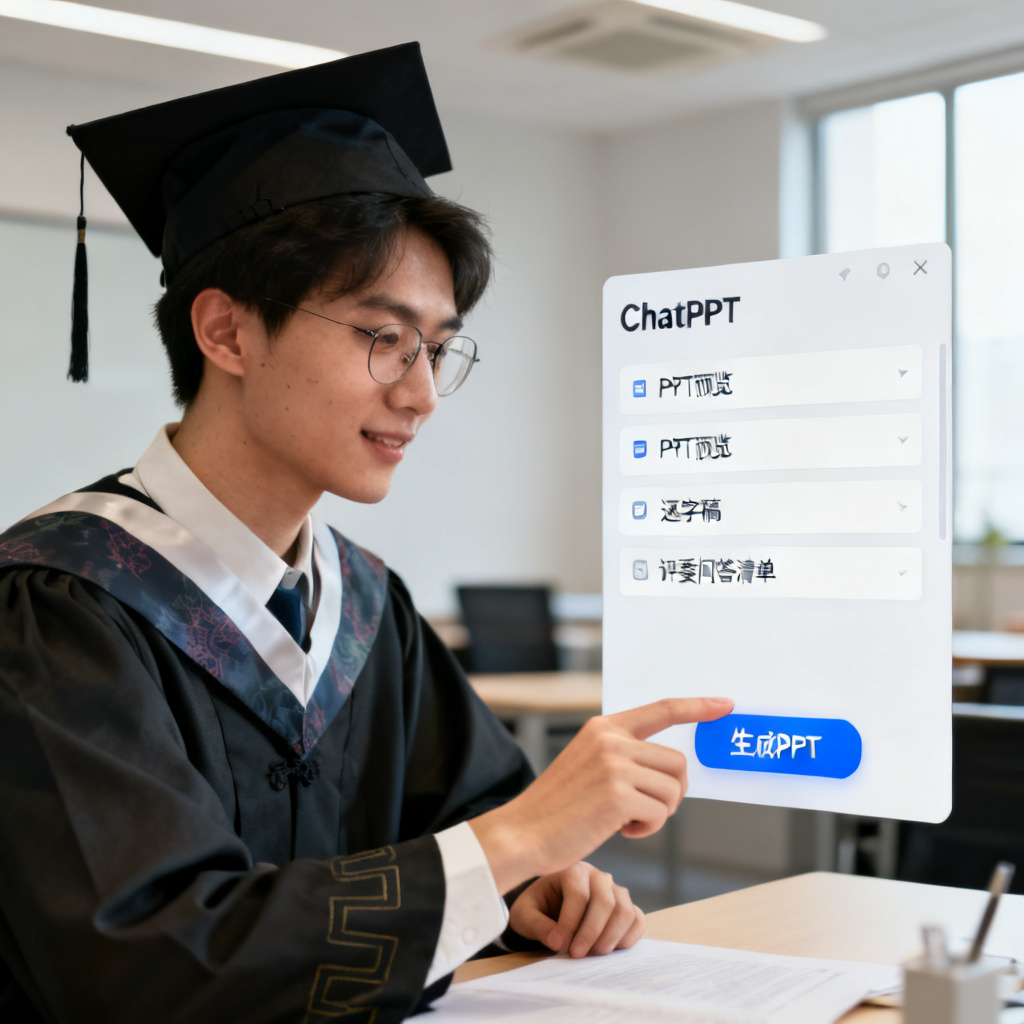 一个研究生点击“生成PPT”按钮后，ChatPPT界面显示PPT预览、逐字稿和评委问答清单，背景为简约办公室，光线柔和，风格现代