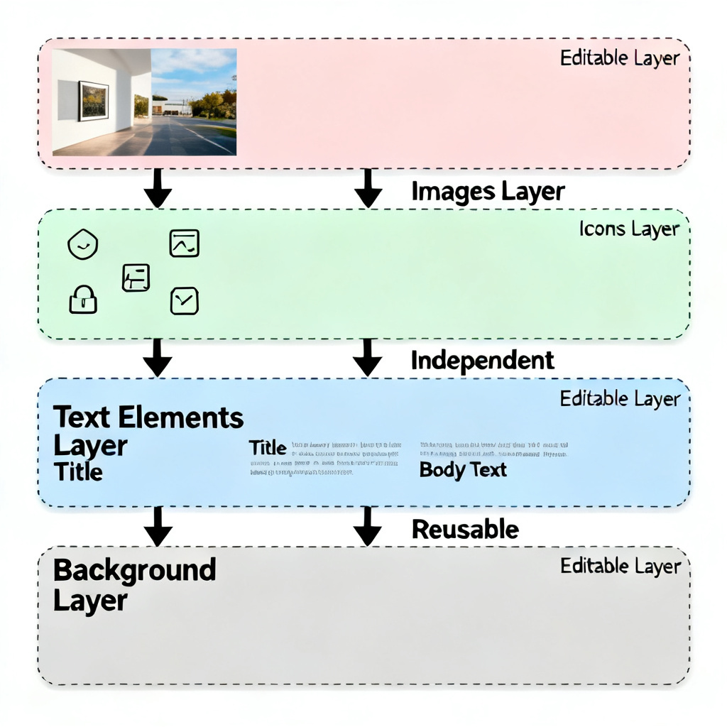 A diagram showing the layer separation process of a generated slide: the background, text elements, icons, and images are split into distinct, editable layers, with arrows indicating independence and reusability.