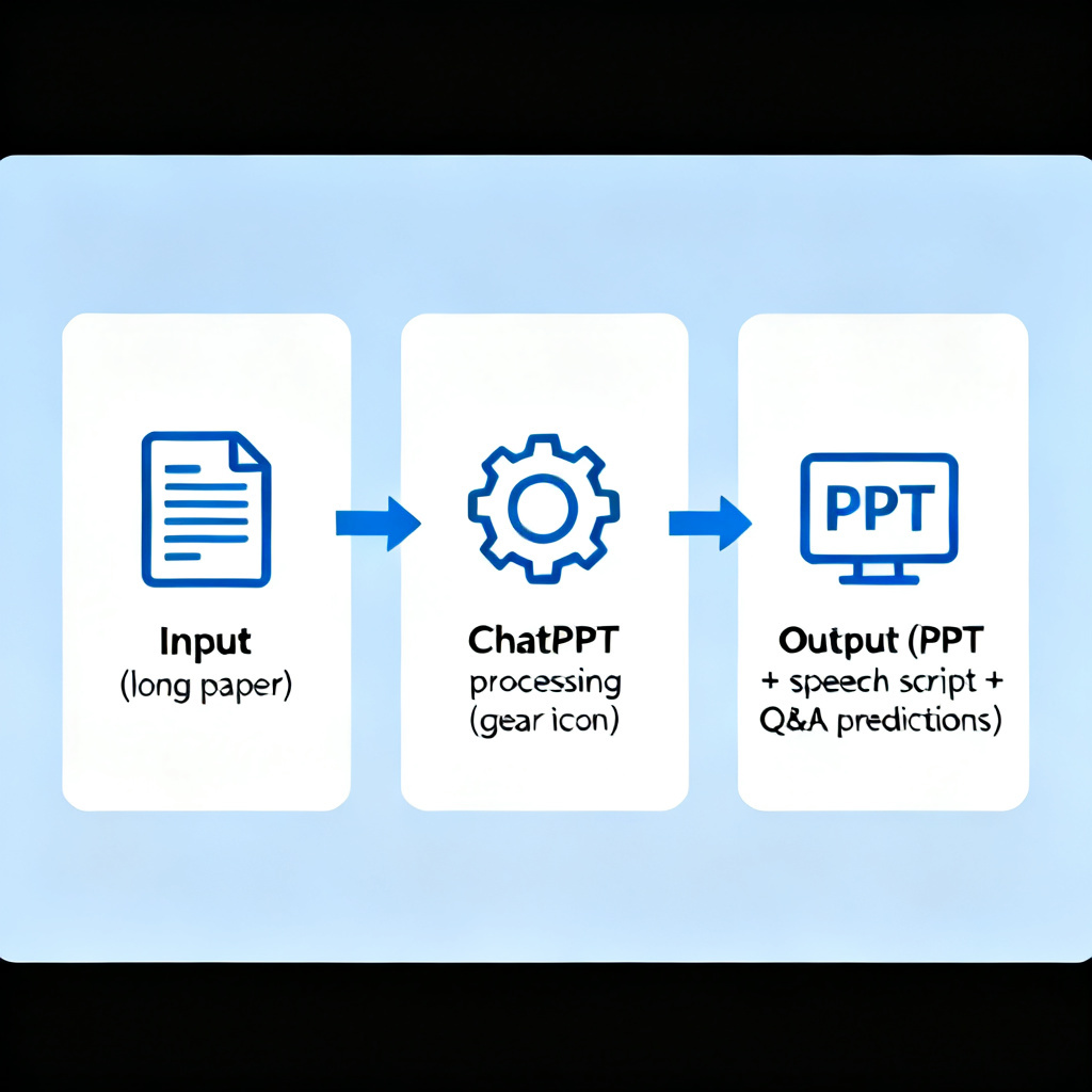 An infographic showing the workflow: Input (long paper) -> ChatPPT processing (gear icon) -> Output (PPT + speech script + Q&A predictions). Arrows show the seamless flow.