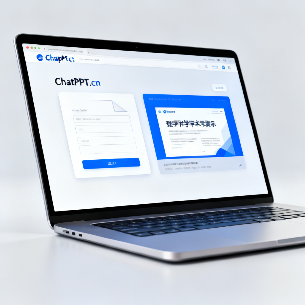 A sleek laptop screen displaying the ChatPPT.cn homepage, with a clean interface showing a document upload area and a preview of a generated academic presentation, modern UI style