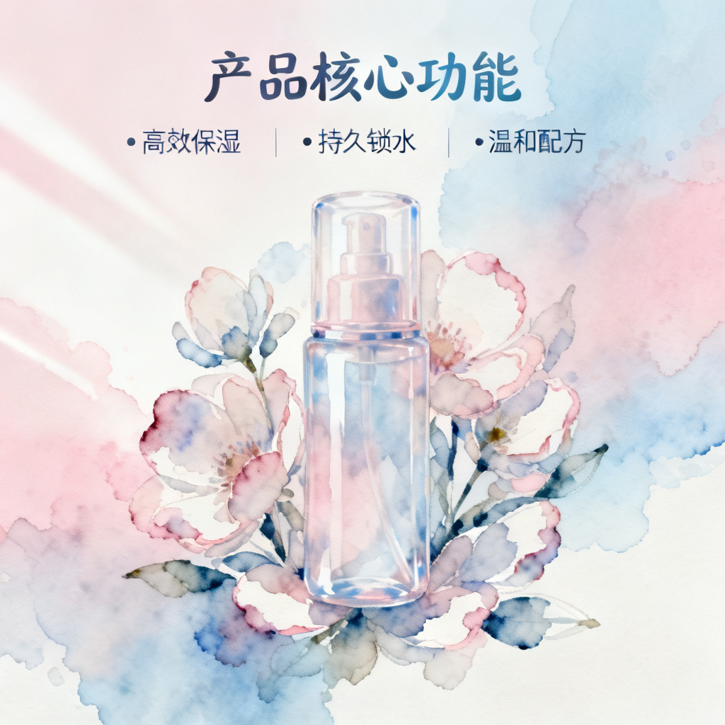 梦幻水彩风的产品功能展示页,柔光过渡,透明质感,手绘花卉装饰,优雅字体