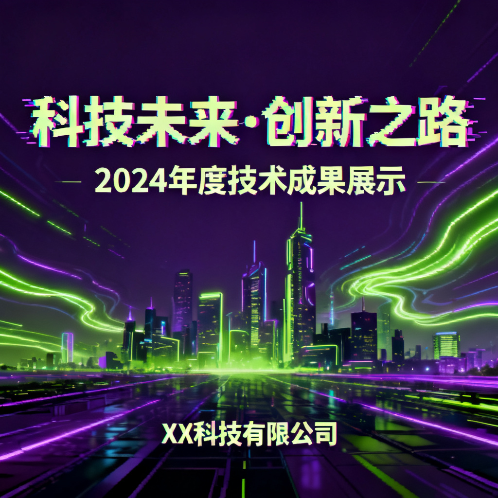 赛博朋克风格的科技公司路演PPT，主色调为深紫与荧光绿，背景是霓虹闪烁的未来城市天际线，字体采用粗体无衬线，带有故障艺术效果，整体风格冷酷而富有科技感。