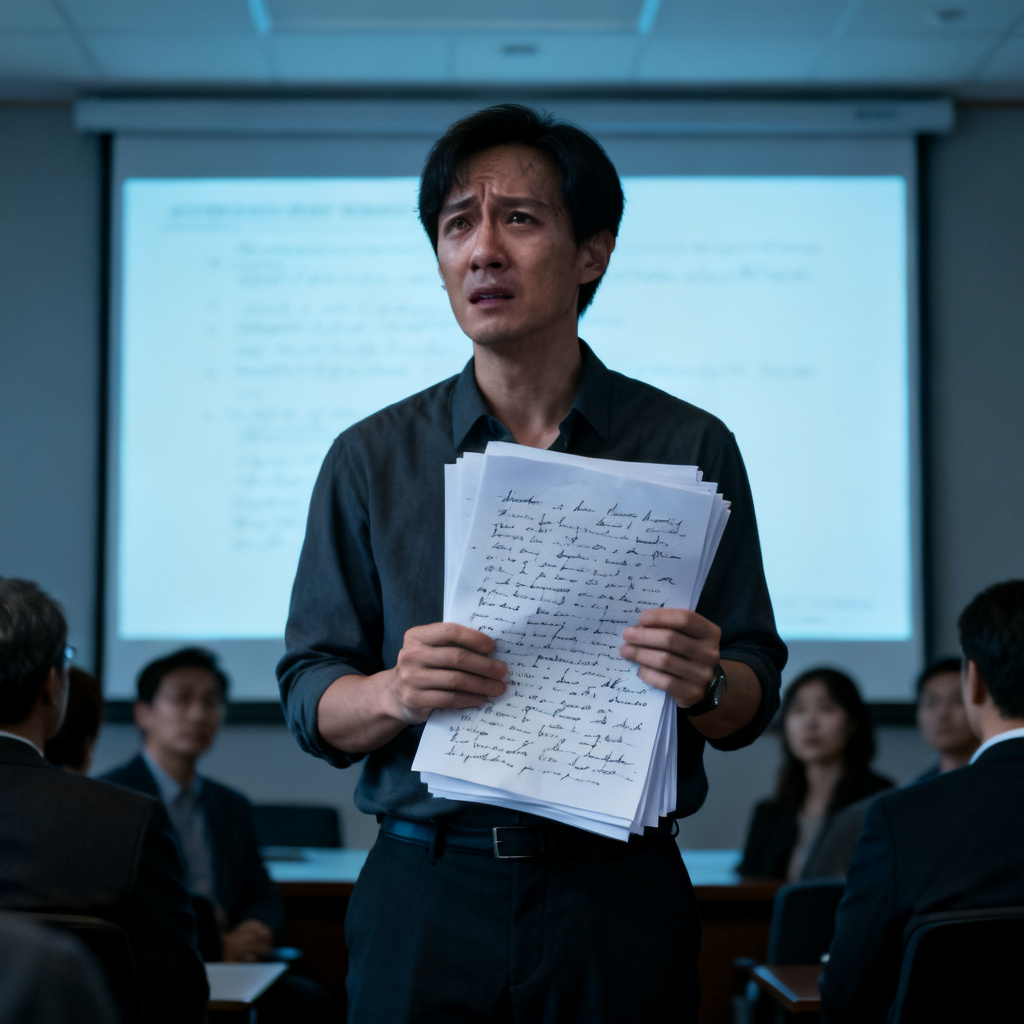 一位职场人站在会议室投影幕前，手中握着一沓密密麻麻的手写演讲稿，面露焦虑，台下观众表情模糊，画面色调偏冷，电影感构图，写实风格