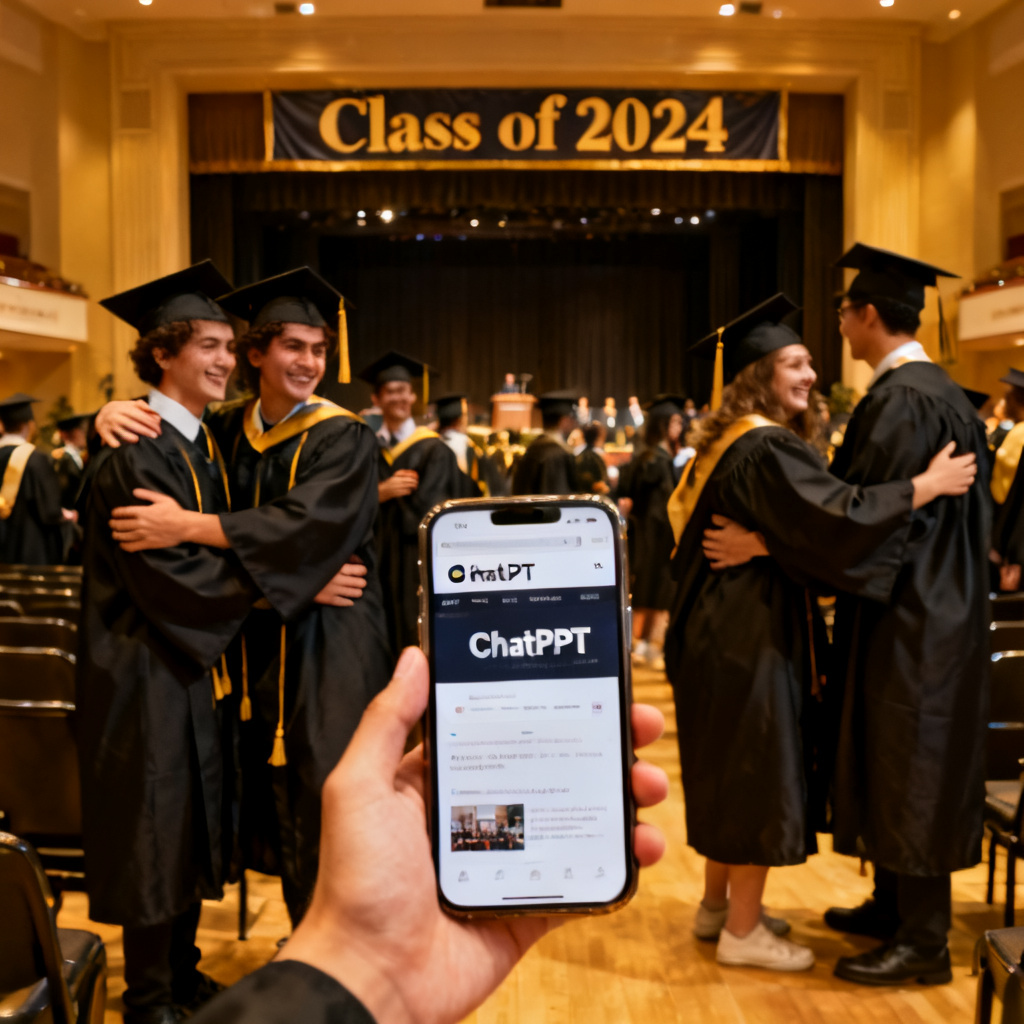 A graduation ceremony scene with students in caps and gowns, one of them holding a smartphone showing the ChatPPT website. The background is a university auditorium with a stage. The mood is celebratory and relieved.