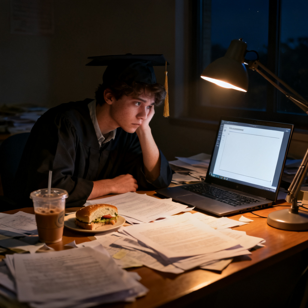 A tired graduate student sitting at a cluttered desk late at night, surrounded by papers and a laptop, looking at a blank PowerPoint slide, dramatic lighting, photorealistic style