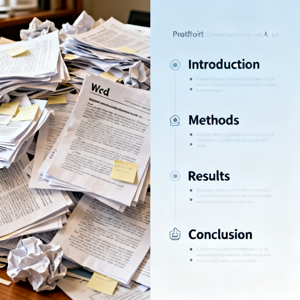 A split-screen comparison. Left side shows a messy, chaotic pile of printed academic papers and Word documents. Right side shows a clean, logically structured PowerPoint slide with clear sections for Introduction, Methods, Results, and Conclusion, generated by an AI tool.