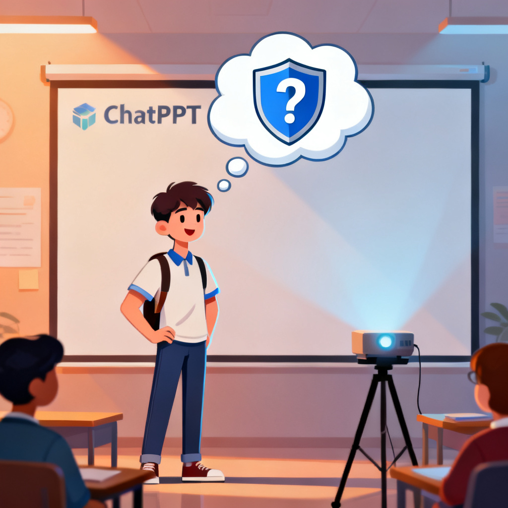 A conceptual visualization of a graduation defense scenario: a student standing confidently in front of a projector screen, with a thought bubble showing a question mark and a shield, symbolizing the defense preparation system provided by ChatPPT.