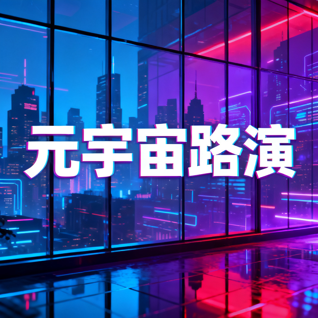 赛博朋克风格的元宇宙路演PPT首页，高饱和霓虹蓝与紫红环境光，数字城市轮廓与玻璃幕墙反射，中文大标题使用未来感无衬线字体，影视级光影，8k画质