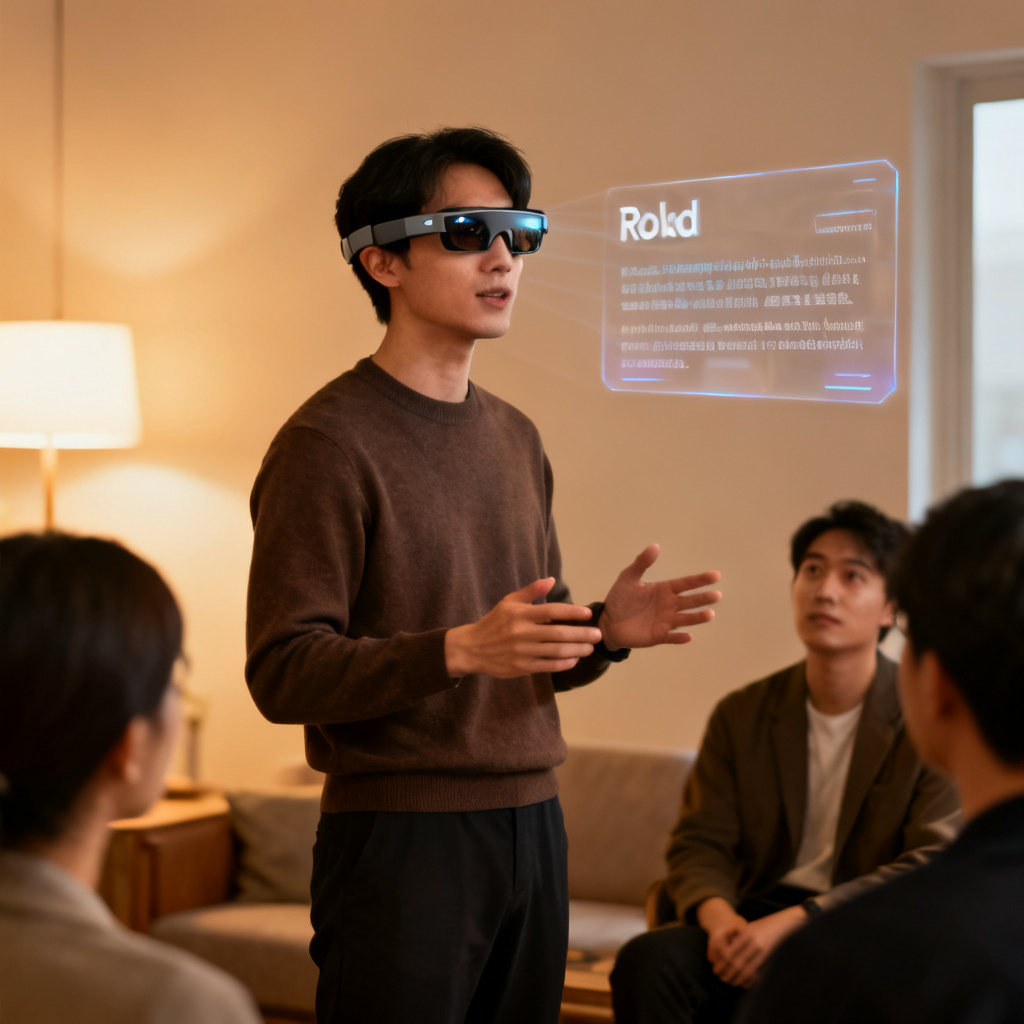 A person wearing smart glasses (like Rokid) with transparent text overlay, presenting to a small group, warm ambient light, hyper-realistic
