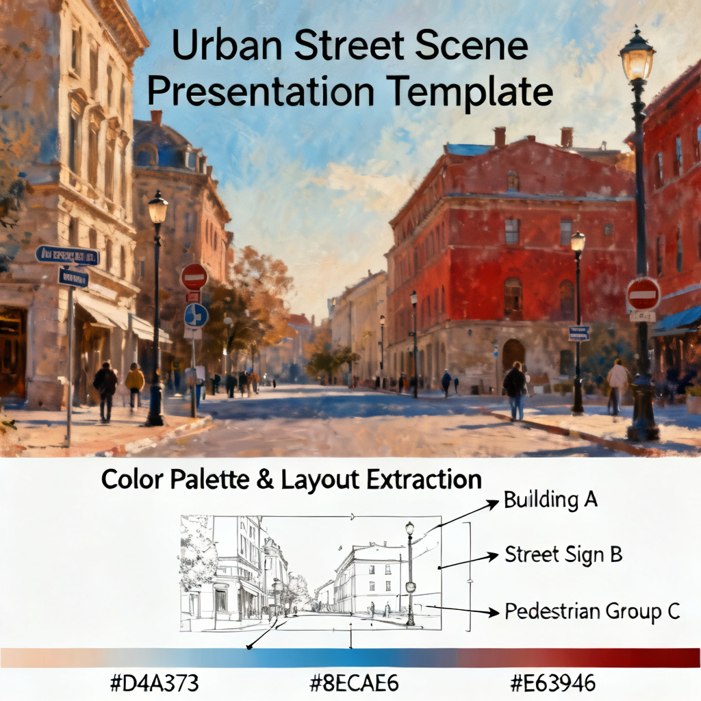 A transformation from a real-life photo of a street scene to a PPT slide in the same artistic style, showing the color palette and layout being extracted and applied to a presentation template