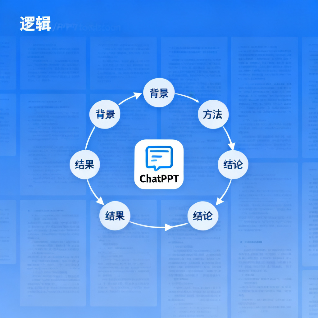 一个复杂的逻辑流程图，展示从长篇论文到PPT大纲的转化过程，中央是ChatPPT的图标，周围环绕着“背景”、“方法”、“结果”、“结论”等节点，箭头表示逻辑关联，背景为学术蓝色调