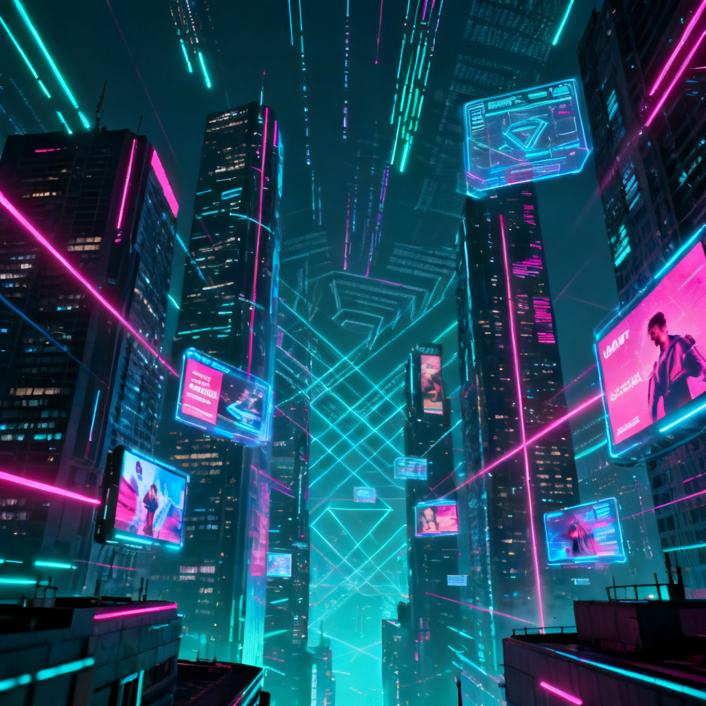 A futuristic cyberpunk cityscape for a metaverse roadshow PPT, with neon lights and holographic elements, style: cyberpunk, resolution: 4K