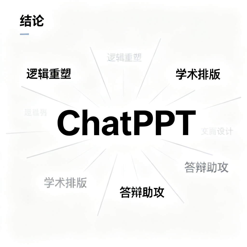 一张简洁的结论图，核心词‘ChatPPT’被放大，周围环绕‘逻辑重塑’、‘学术排版’、‘答辩助攻’等关键词