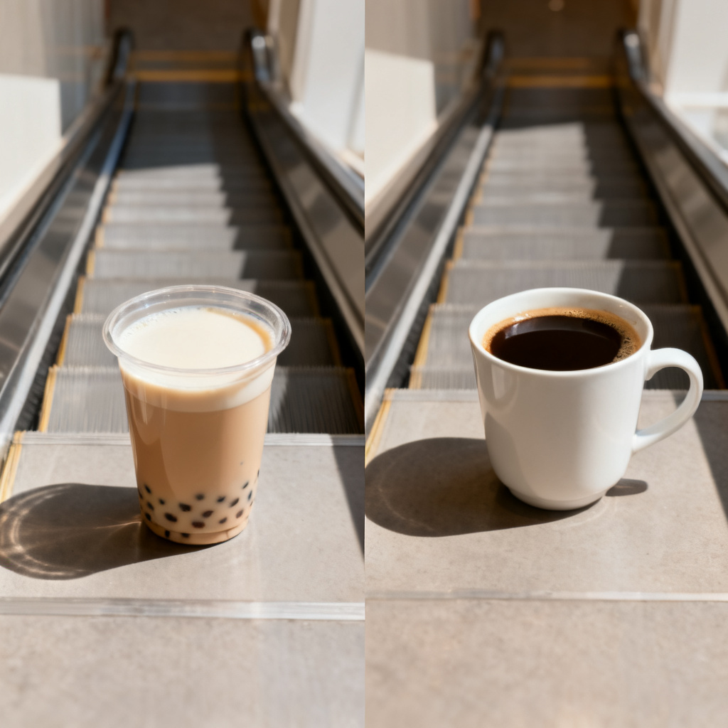 A split-screen comparison showing a slide with a cup of milk tea on the left, and the same slide with the milk tea replaced by a cup of coffee on the right, with identical lighting, shadows, and style.