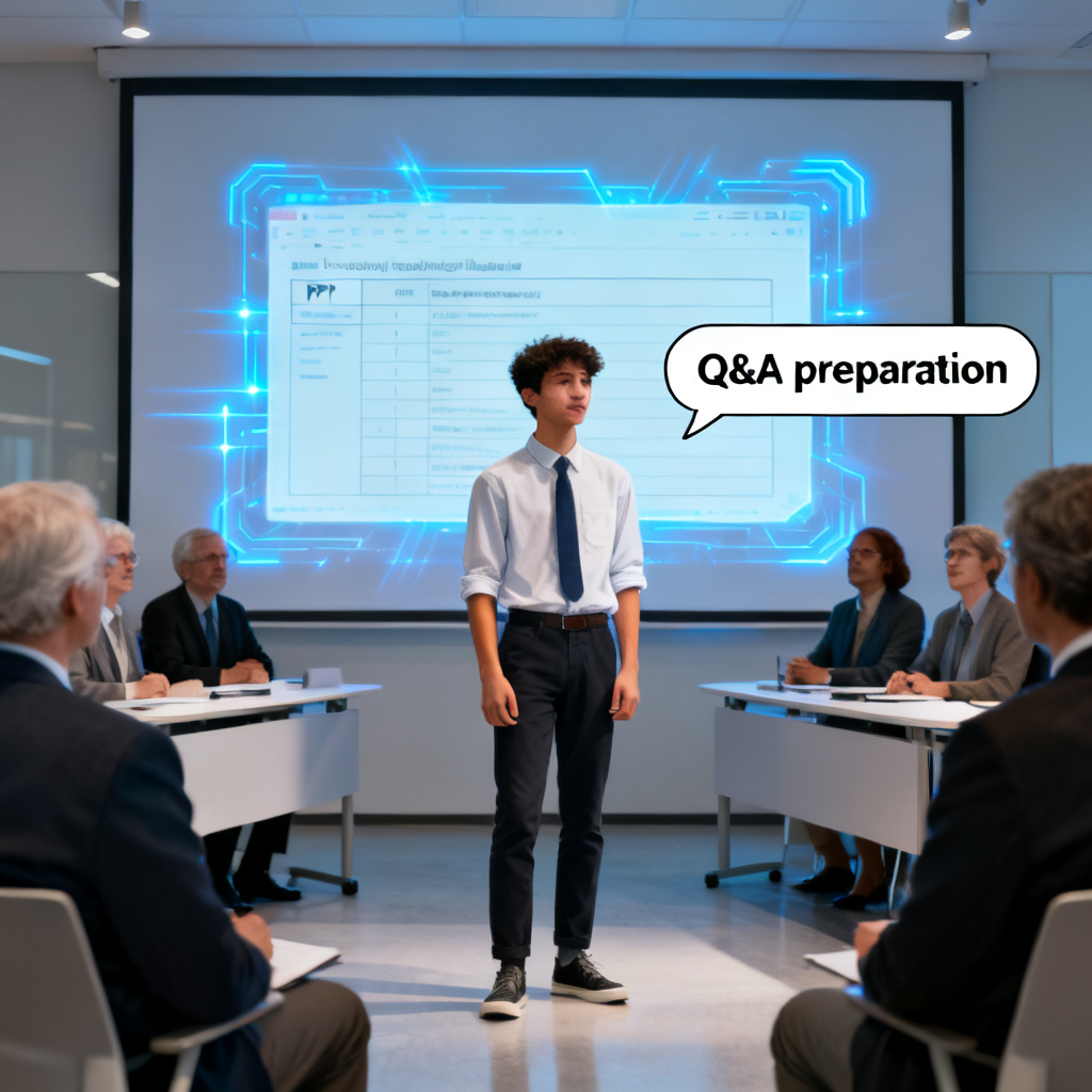 A student confidently presenting in front of a panel of professors, with a holographic screen showing a perfectly formatted PPT and a speech bubble containing 'Q&A preparation' text, in a bright academic setting.