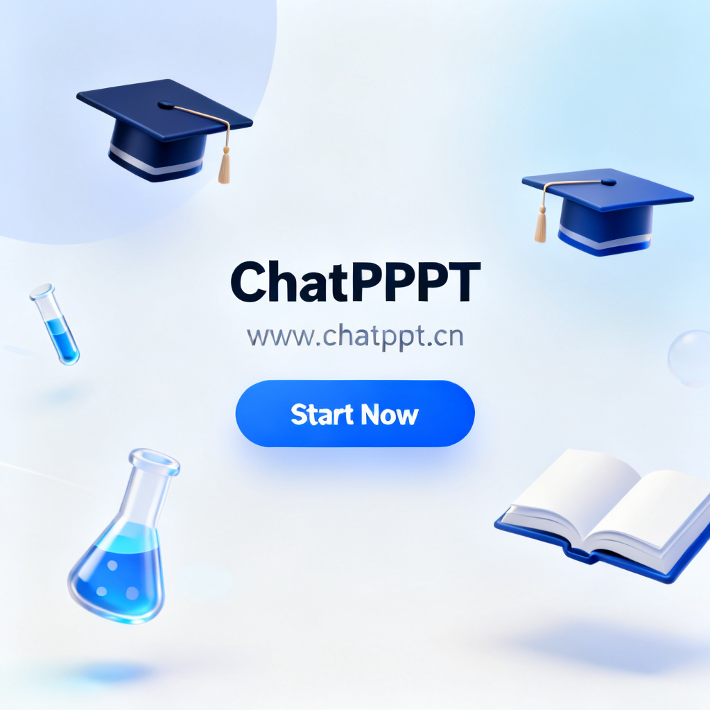 A futuristic, clean interface of the ChatPPT website (www.chatppt.cn) with a prominent "Start Now" button, surrounded by floating academic icons like graduation caps, test tubes, and open books, conveying professionalism and innovation