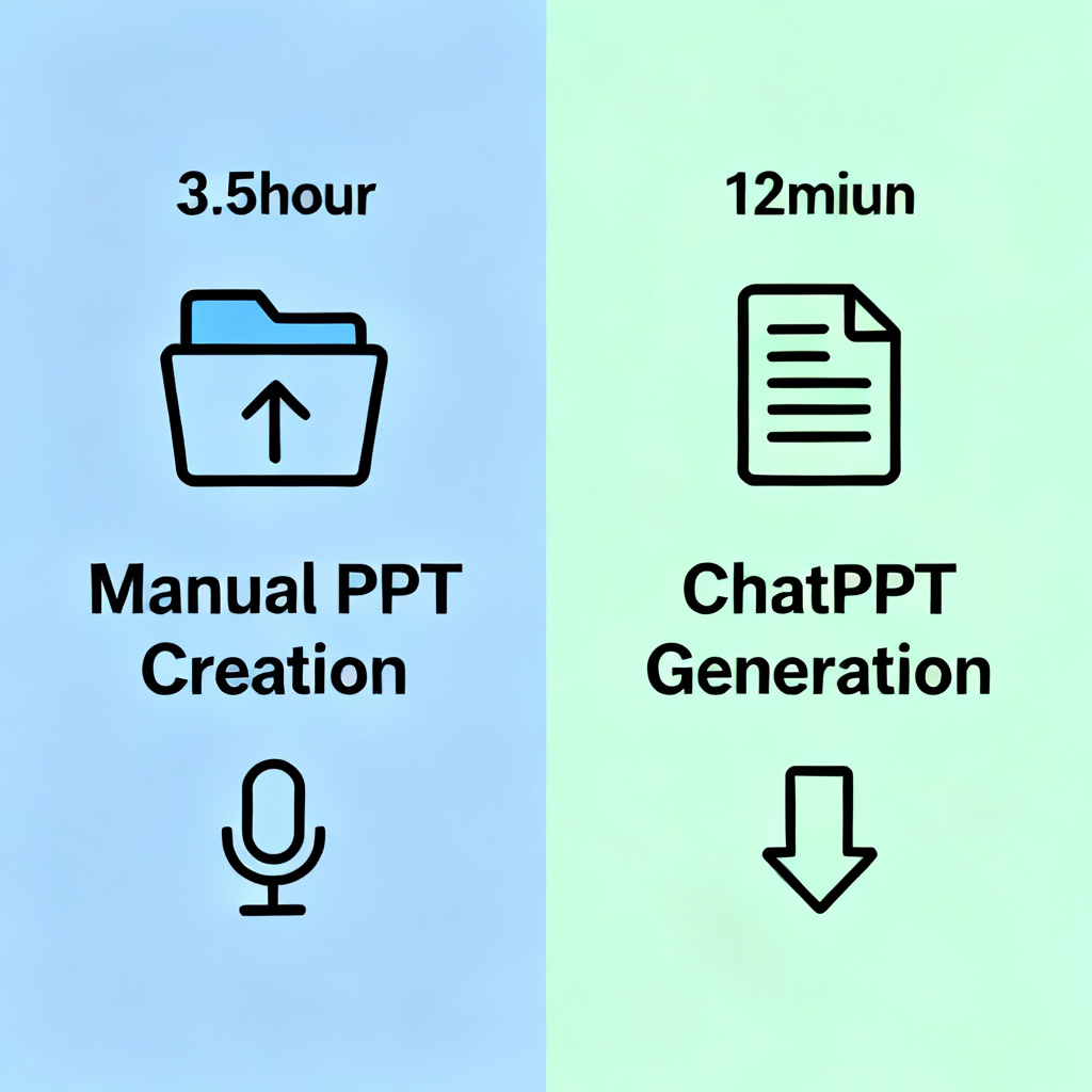 A clean infographic showing the workflow comparison: manual PPT creation 3.5 hours vs ChatPPT generation 12 minutes, with icons representing file upload, speech input, and one-click export