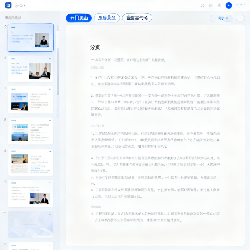 展示ChatPPT演讲稿生成功能的界面，左侧为PPT缩略图列表，右侧为分页演讲稿文本，顶部有表达类型选项（开门见山、层层悬念、幽默高气场），界面为浅色现代办公UI设计，信息层级清晰，风格简洁专业